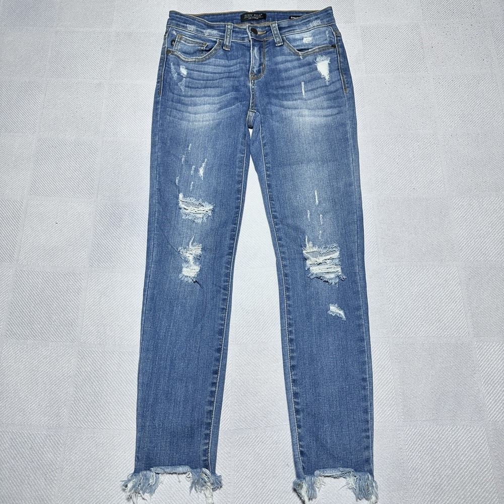 Judy Blue Straight Fit Jeans Womens 3/26 Distressed Raw Hem Slim Stretch Denim